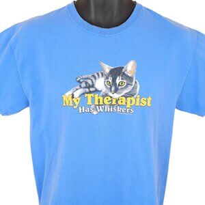 Tabby Cat T Shirt Mens Size Medium Blue My Therapist Has Whiskers Funny Humor
